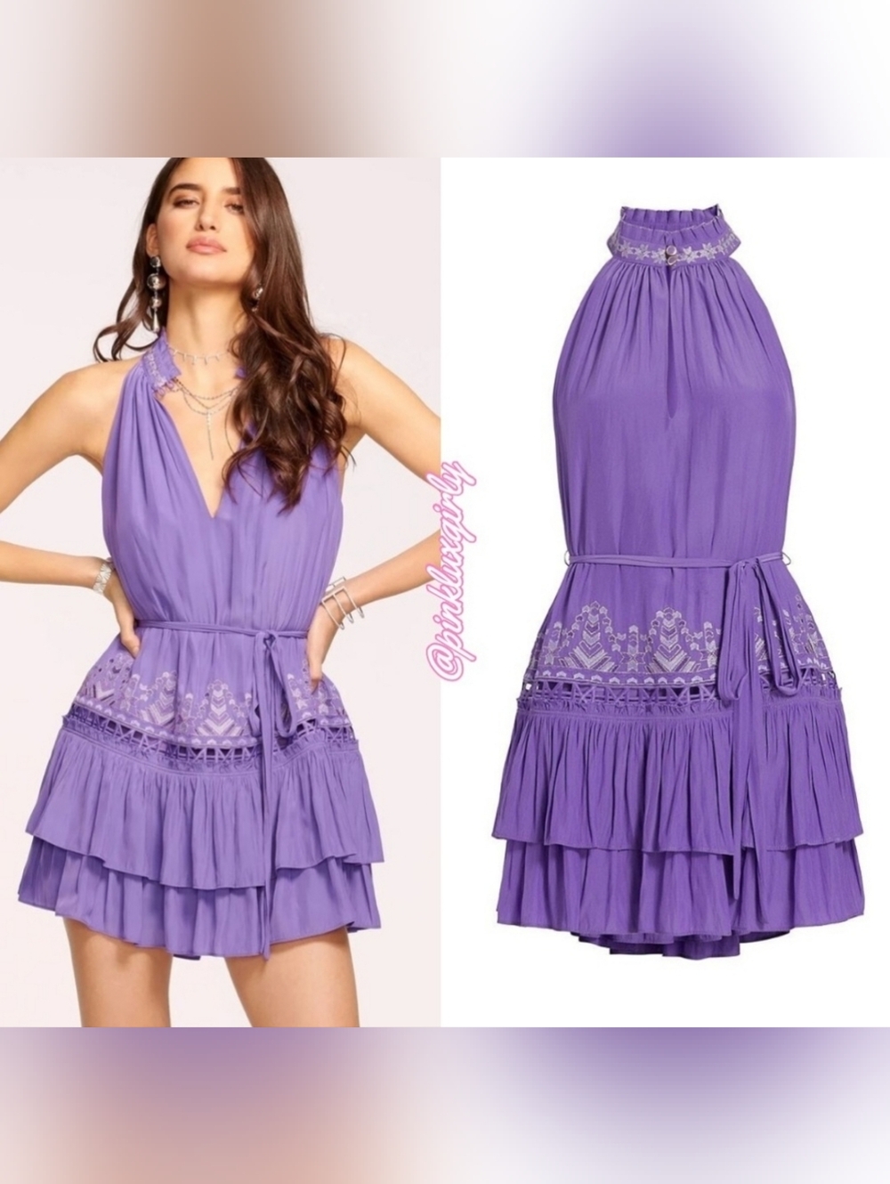 RAMY BROOK Angeline Embellished Purple Halter Tiered Mini Dress